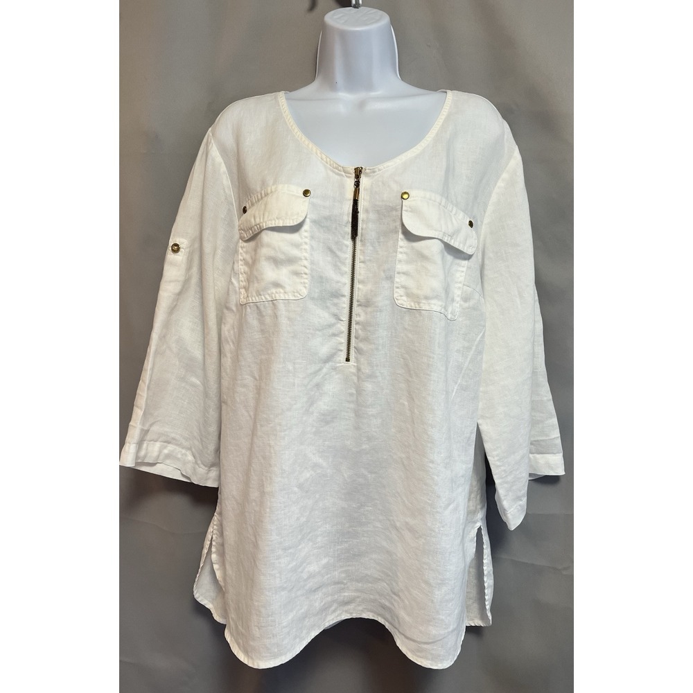 Ellen Tracy 100% Linen‎ Tunic Sz 1X Plus White Gold Tassel Roll Tab Top Boho